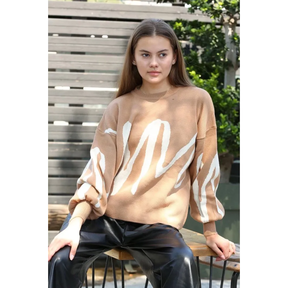 Beyaz Çizgili Bisiklet Yaka Kazak Vizon (Beden: Standart)