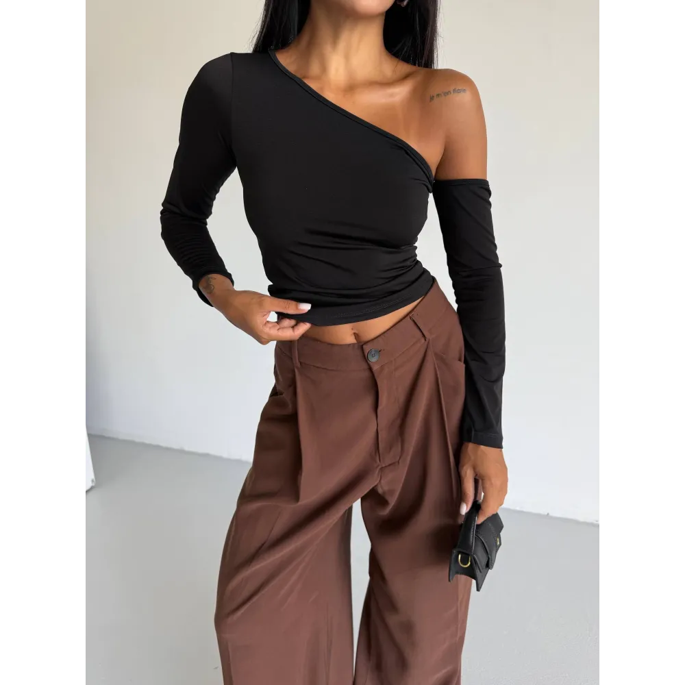 Omuz Detaylı Kollu Bluz Siyah F2336 (Beden: M)