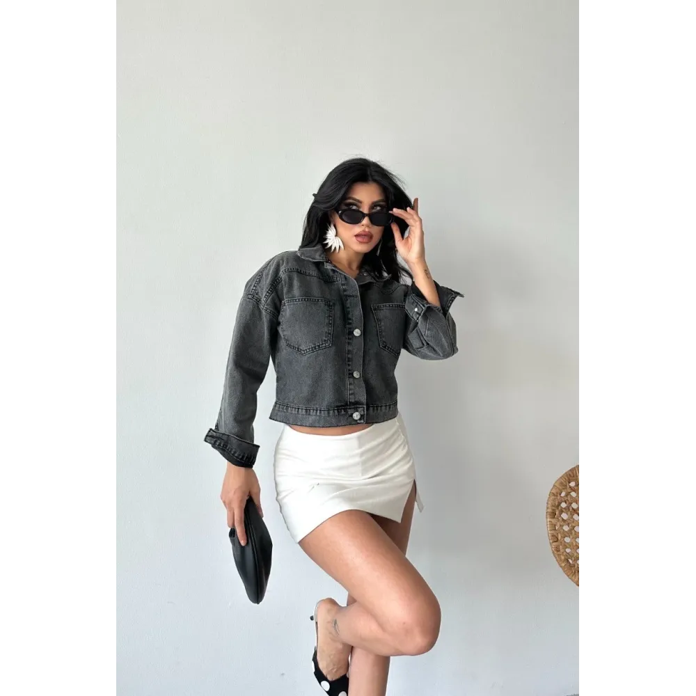 Çift Cepli Kol Katlamalı Süper Taş Enzim Yıkama Crop Kot Ceket Füme D2000 (Beden: M)