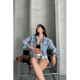 Çift Cepli Kol Katlamalı Kar Yıkama Crop Kot Ceket Mavi D2000 (Beden: S)