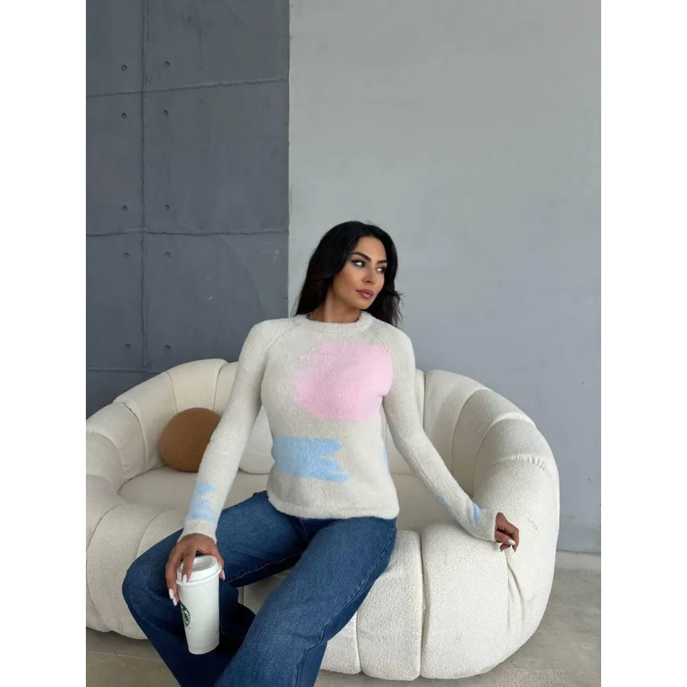 Bıyıklı Triko Kazak Beyaz (Beden: Standart)