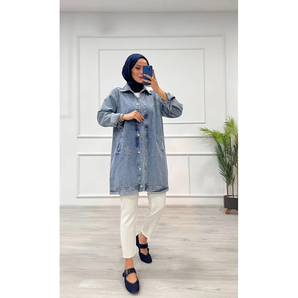 Taşlı Tunik Ceket Kar Yıkamalı Mavi D2516 (Beden: S/M)