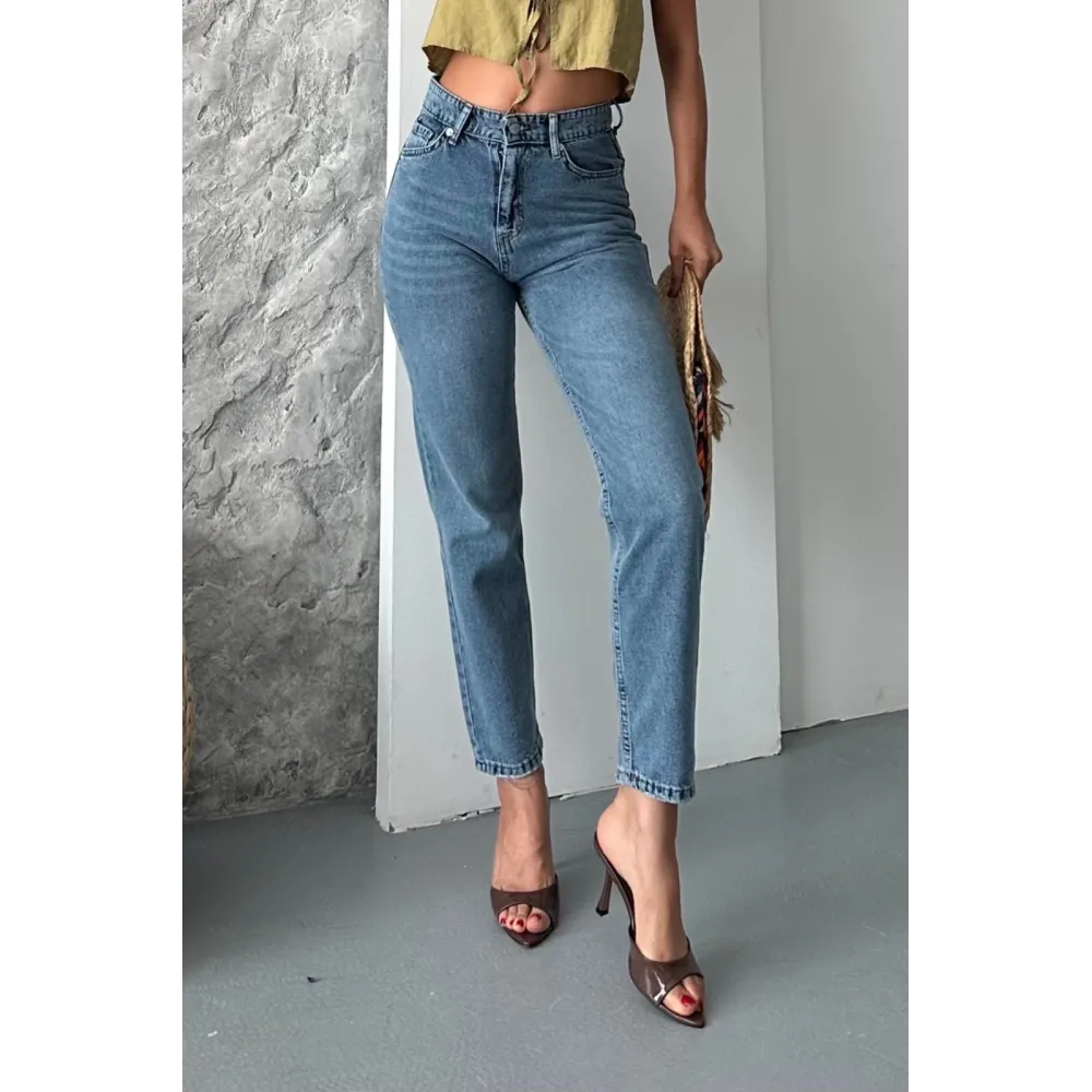 Mom Fit Kar Yıkama Bıyık Detaylı Jeans Pantolon D2006 Mavi (Beden: 40)