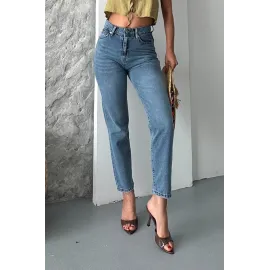 Mom Fit Kar Yıkama Bıyık Detaylı Jeans Pantolon D2006 Mavi (Beden: 42)