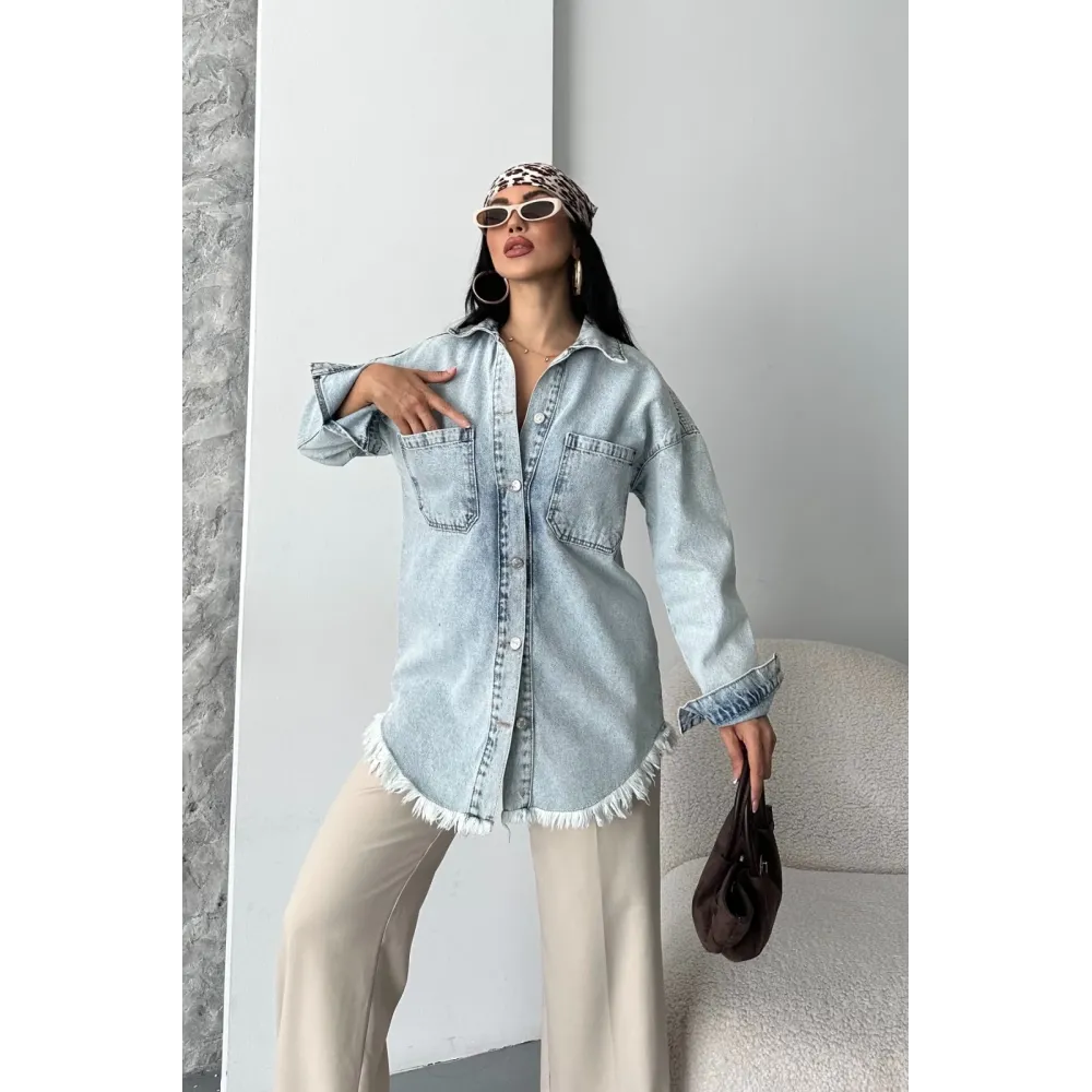 Cepli Püsküllü Kar Yıkama Kot Ceket Mavi D2515 (Beden: 40)