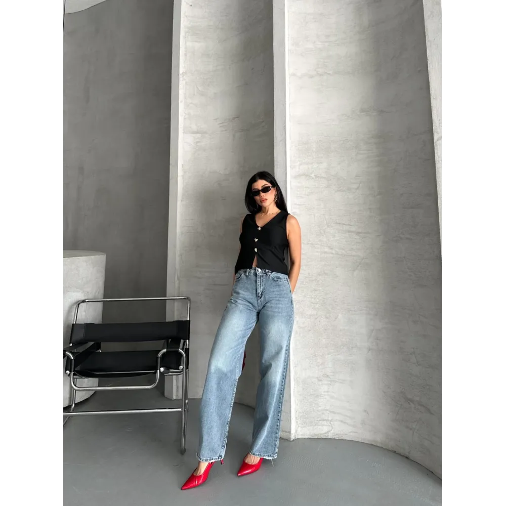 Palazzo Straight Kar Yıkama Jeans Pantolon Mavi D2008 (Beden: 36)