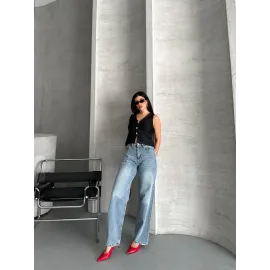 Palazzo Straight Kar Yıkama Jeans Pantolon Mavi D2008 (Beden: 38)