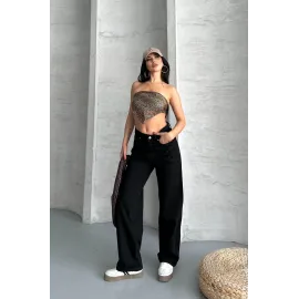 Palazzo Straight Enzim Süper Taş Yıkama Jeans Pantolon Siyah D2008 (Beden: 38)