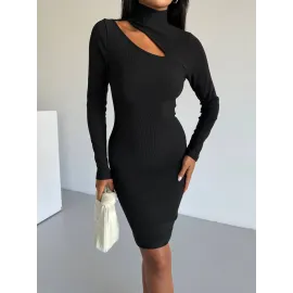 Boğazlı Gögüs Dekolteli Elbise Siyah F2333 (Beden: S)