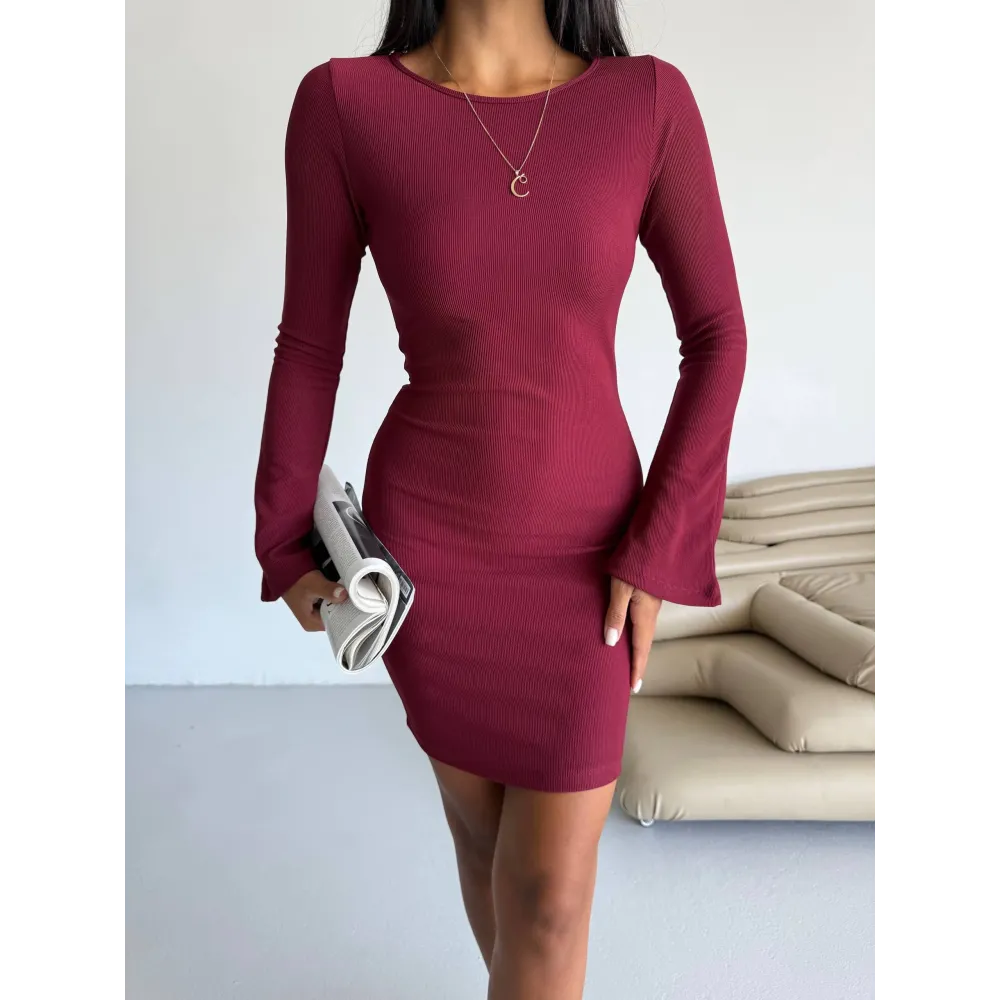 Prenses Kol Esnek Kumaş Elbise Bordo F2334 (Beden: S)