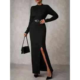 Yırtmaçlı Jakarlı Uzun Elbise Siyah A3793 (Beden: S)