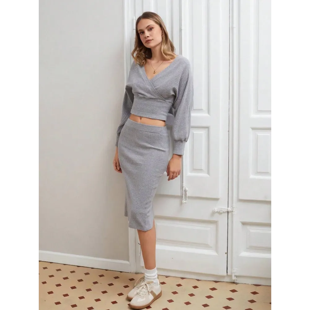 Kruvaze Şardonlu Etekli Takım Gri (Beden: S)