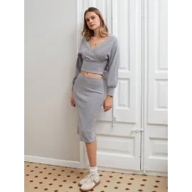 Kruvaze Şardonlu Etekli Takım Gri (Beden: M)