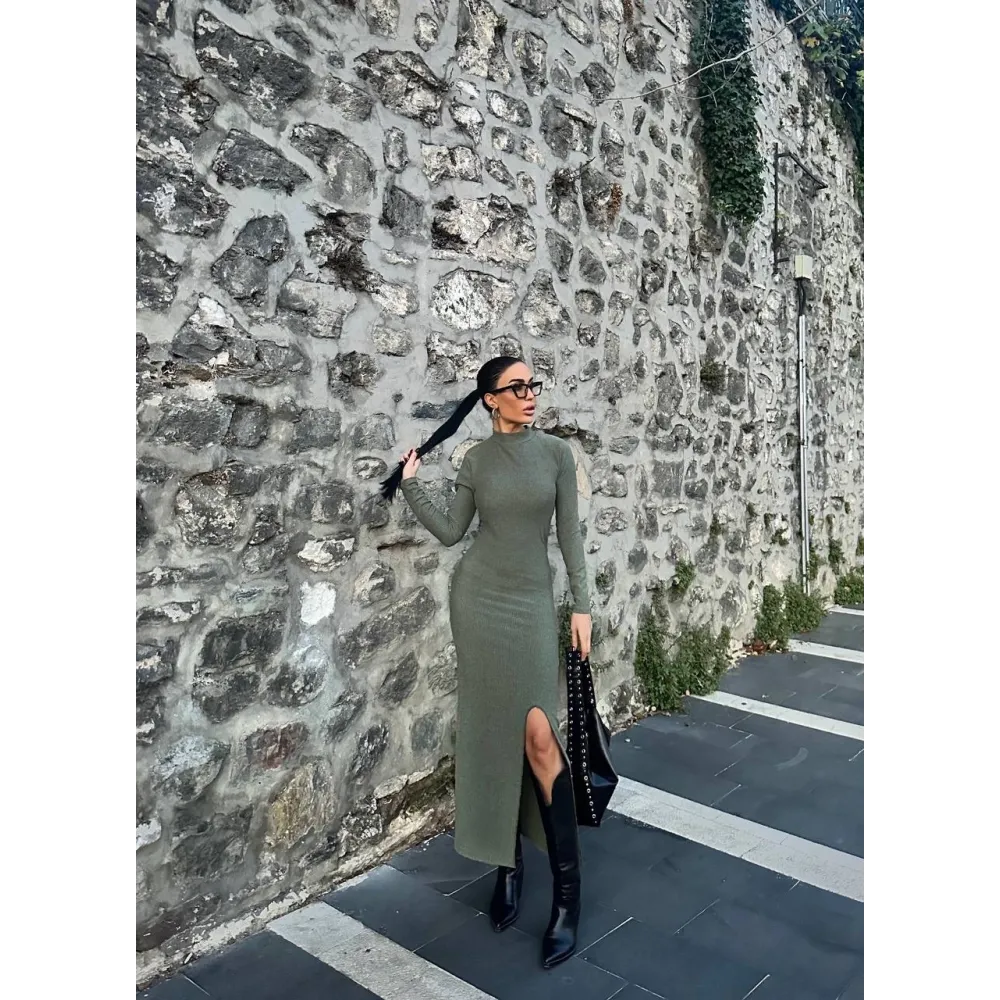 Yırtmaçlı Kalın Bürümcük Uzun Elbise Yeşil (Beden: S)