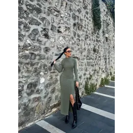 Yırtmaçlı Kalın Bürümcük Uzun Elbise Yeşil (Beden: S)