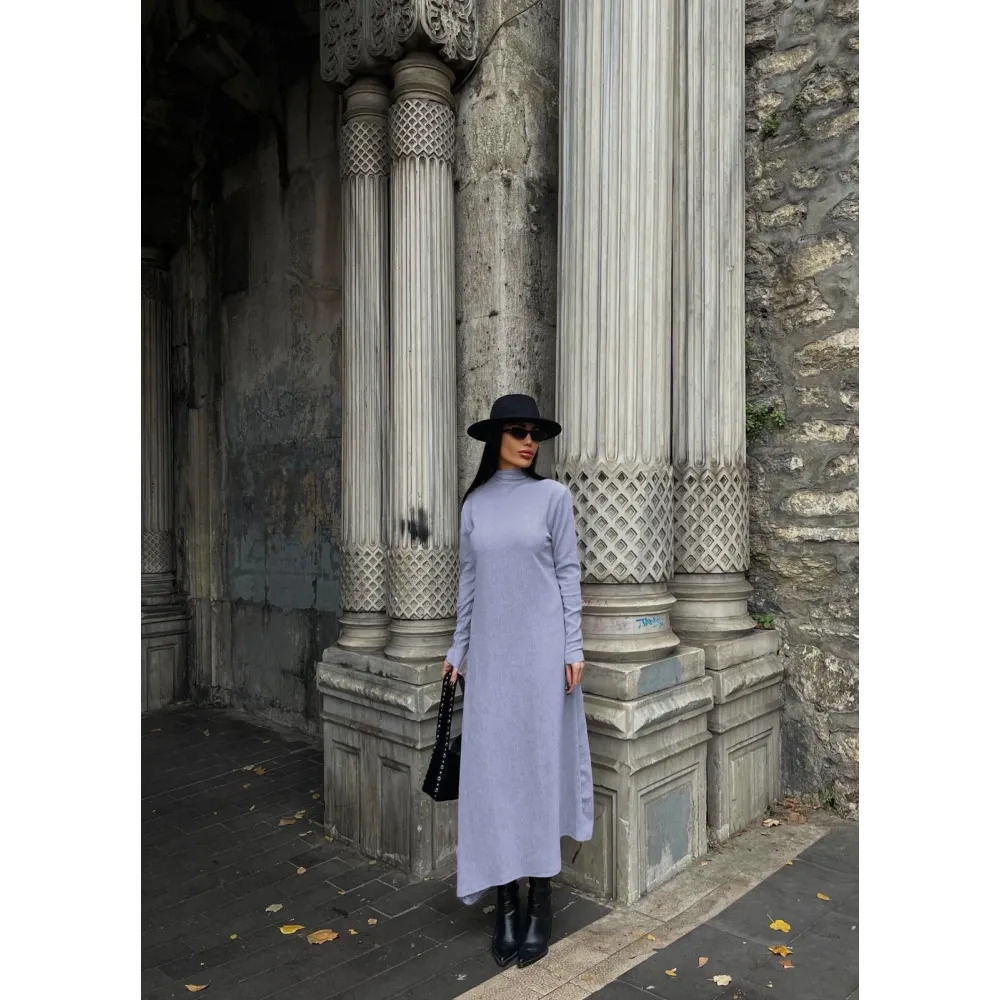 Boğazlı Kalın Bürümcük Uzun Elbise Gri (Beden: M)