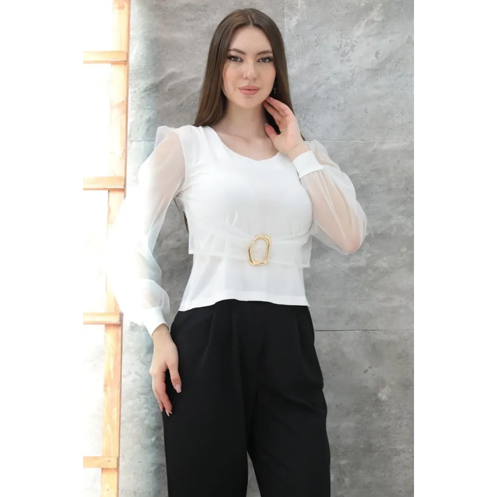 Tokalı Tül Kollu Bluz Beyaz T4071 (Beden: L)