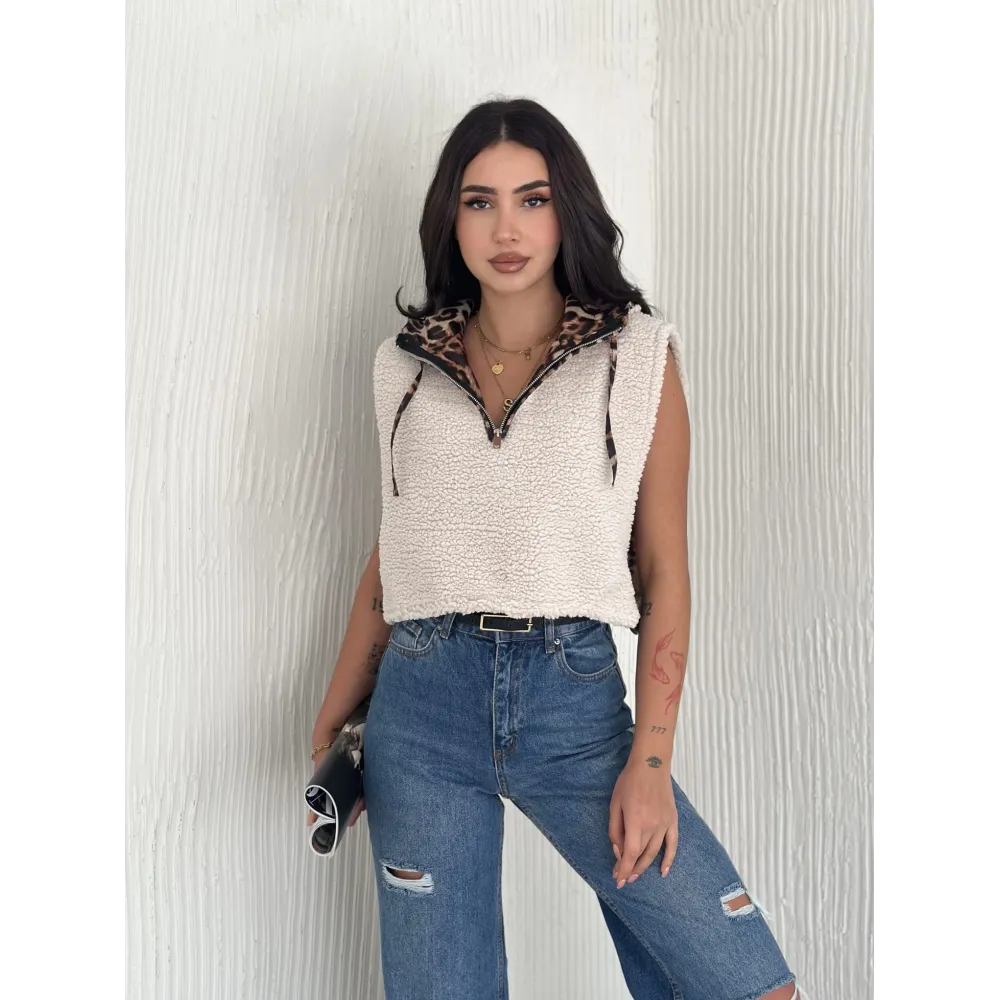 Astarlı Kapşonlu Kuzu Yelek Beyaz T1243 (Beden: Xl)