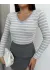 V Yaka Çizgili Bluz Gri A3699 (Beden: S)