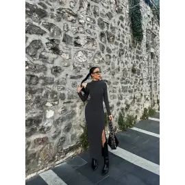 Yırtmaçlı Kalın Bürümcük Uzun Elbise Siyah (Beden: L)