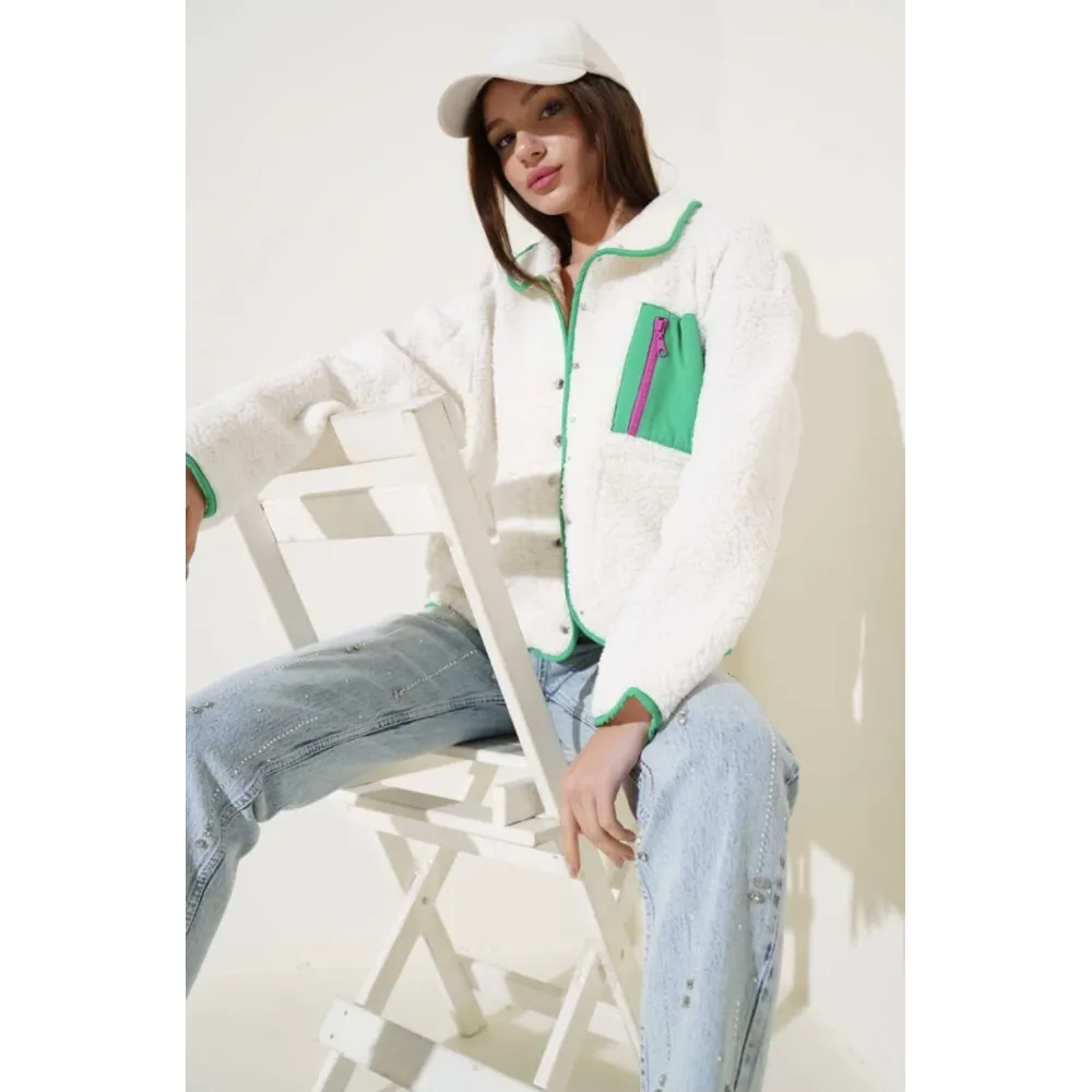 Yeşil Fermuar Cepli Kuzu Mont Beyaz T1085 (Beden: M)