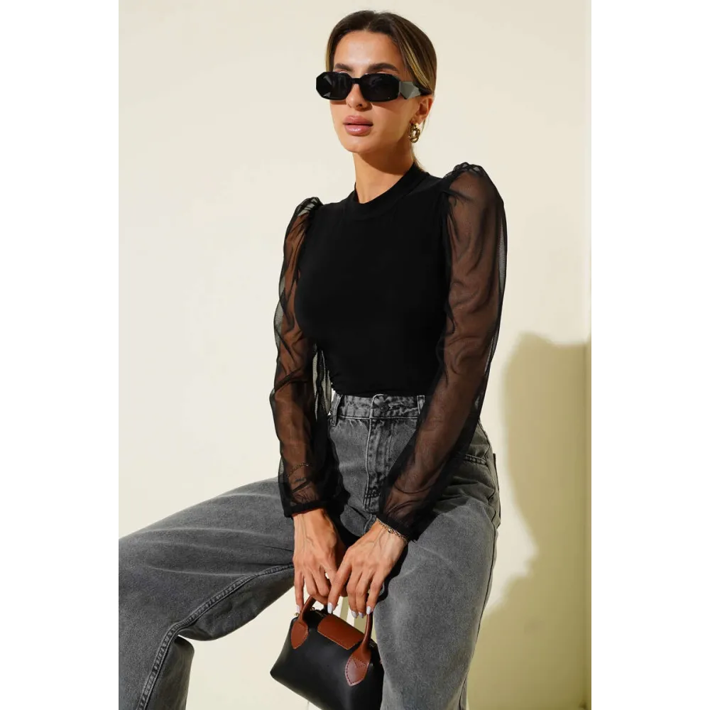 Dik Yaka Tül Kollu Bluz Siyah T3066 (Beden: M)