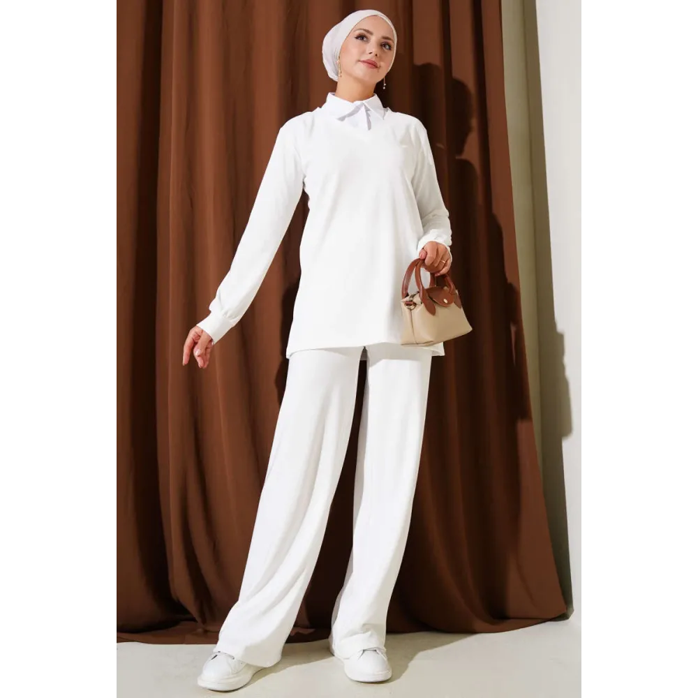 Gömlek Yaka Fitilli Salaş İkili Takım Beyaz T4300 (Beden: M)