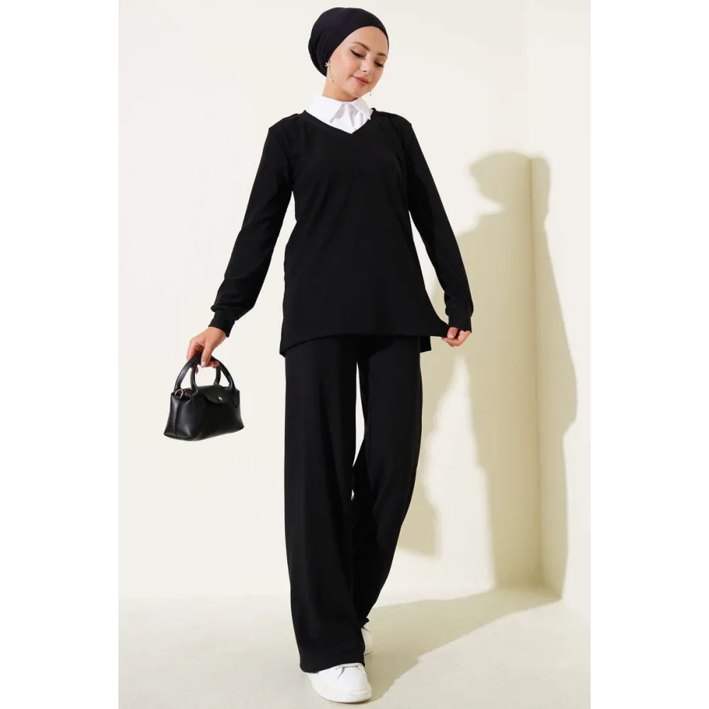 Gömlek Yaka Fitilli Salaş İkili Takım Siyah T4300 (Beden: M)