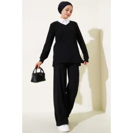 Gömlek Yaka Fitilli Salaş İkili Takım Siyah T4300 (Beden: M)