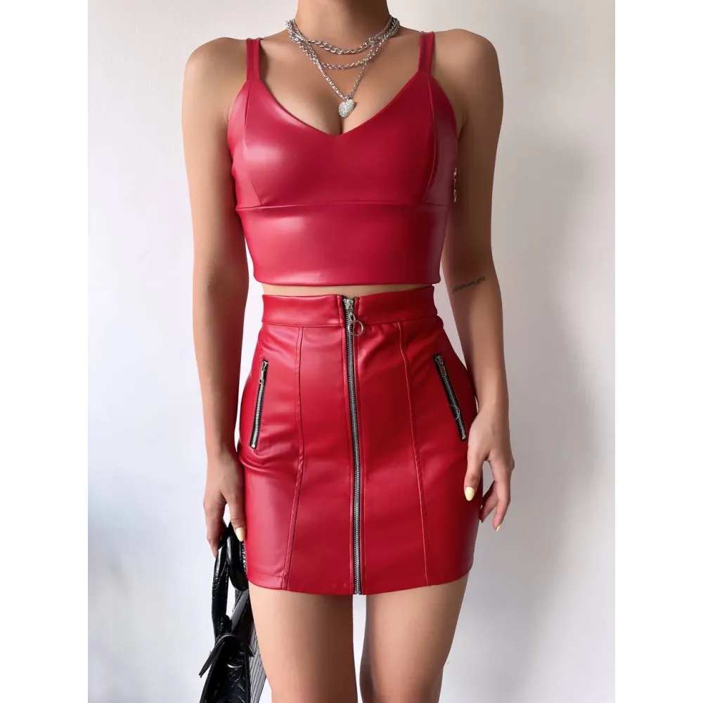 Üç Fermuarlı Deri Etek Bordo S24510 (Beden: S)