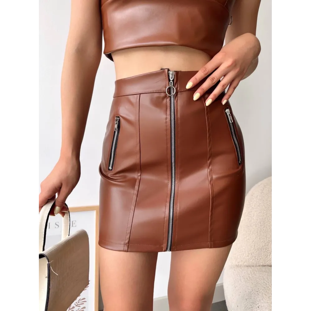 Üç Fermuarlı Deri Etek Kahve S24510 (Beden: S)