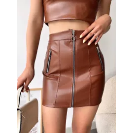 Üç Fermuarlı Deri Etek Kahve S24510 (Beden: M)