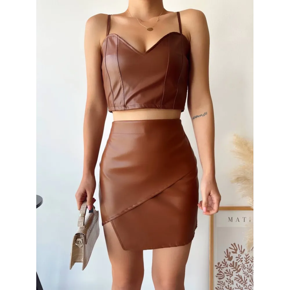 Kapaklı Asimetrik Model Deri Etek Kahve S240106 (Beden: S)