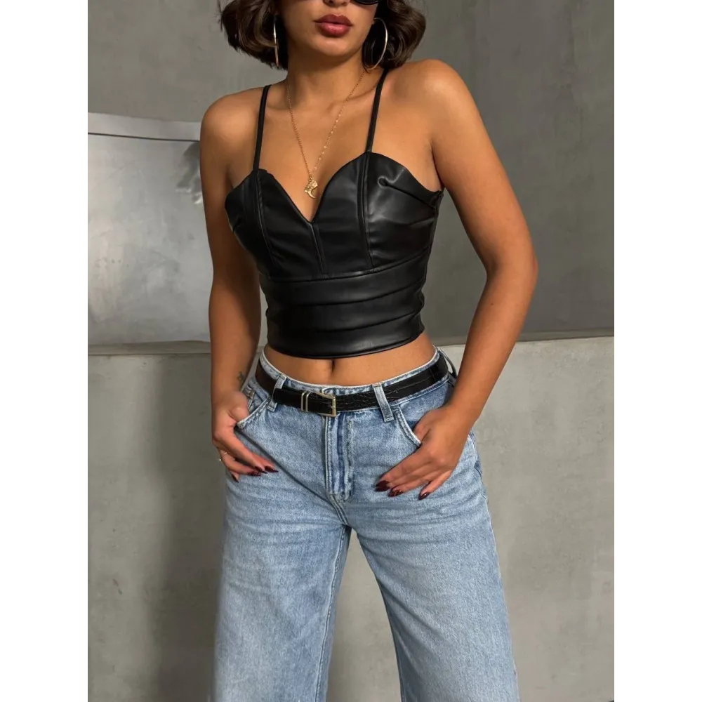 İp Askılı Yandan Fermuarlı Rastale Deri Crop Siyah S24113 (Beden: M)