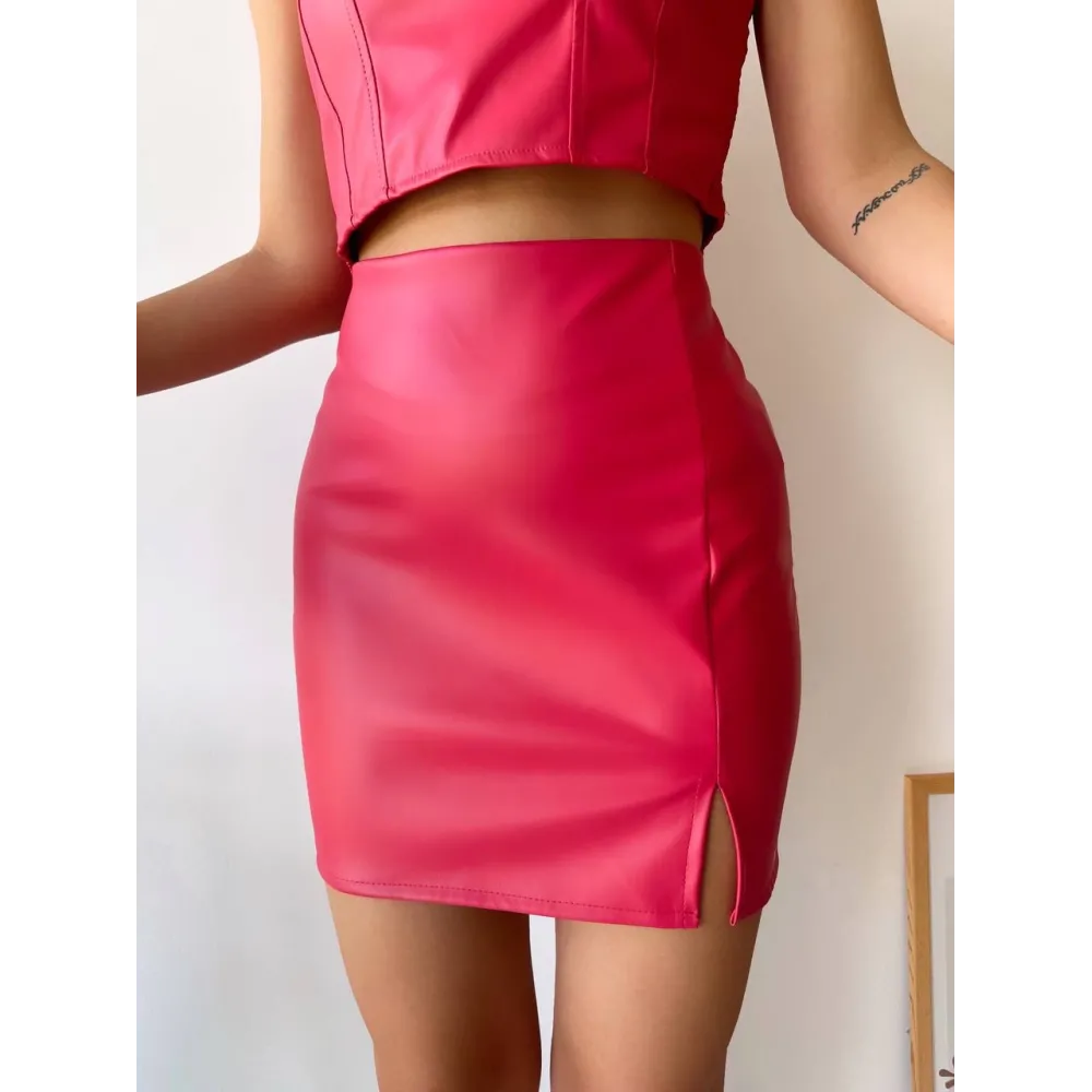 Tek Yırtmaçlı Arkadan Fermuarlı Deri Etek Fuşya S24475 (Beden: S)