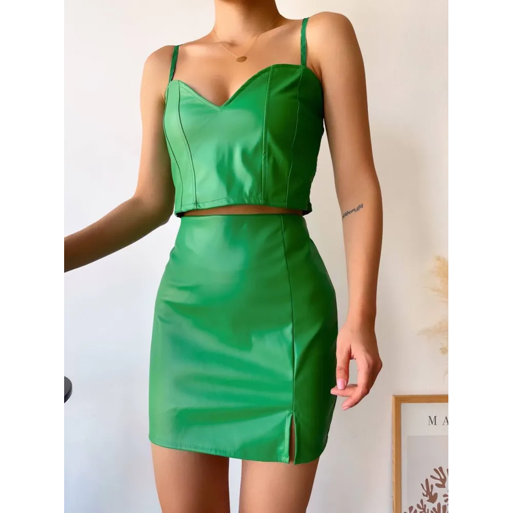 Tek Yırtmaçlı Arkadan Fermuarlı Deri Etek Yeşil S24475 (Beden: S)