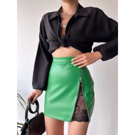 Dantelli Fermuarlı Deri Etek Yeşil W24598 (Beden: S)