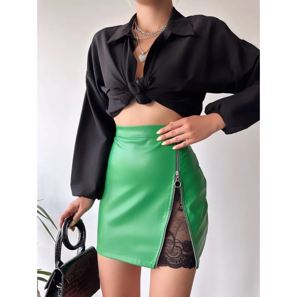 Dantelli Fermuarlı Deri Etek Yeşil W24598 (Beden: M)