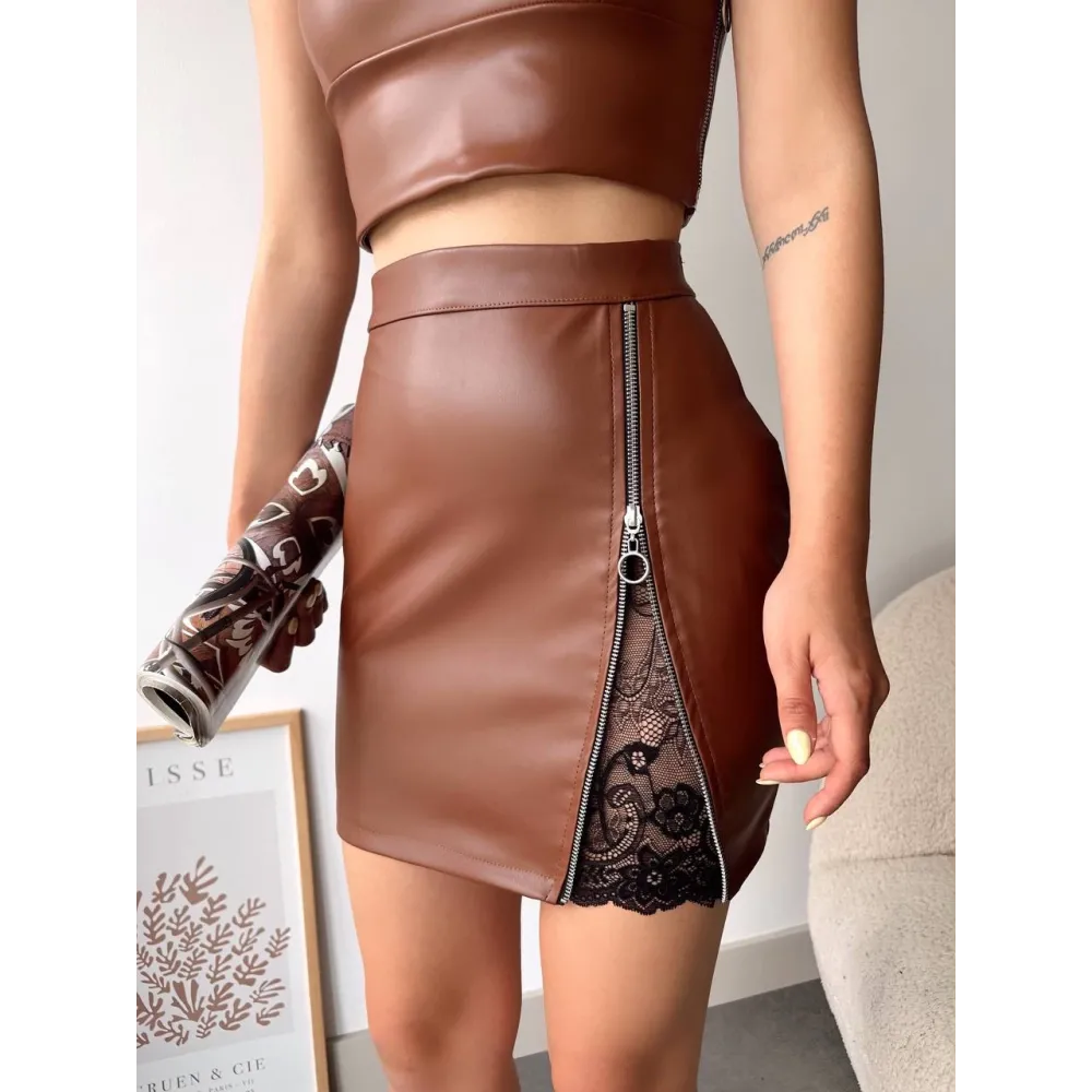 Dantelli Fermuarlı Deri Etek Kahve W24598 (Beden: M)