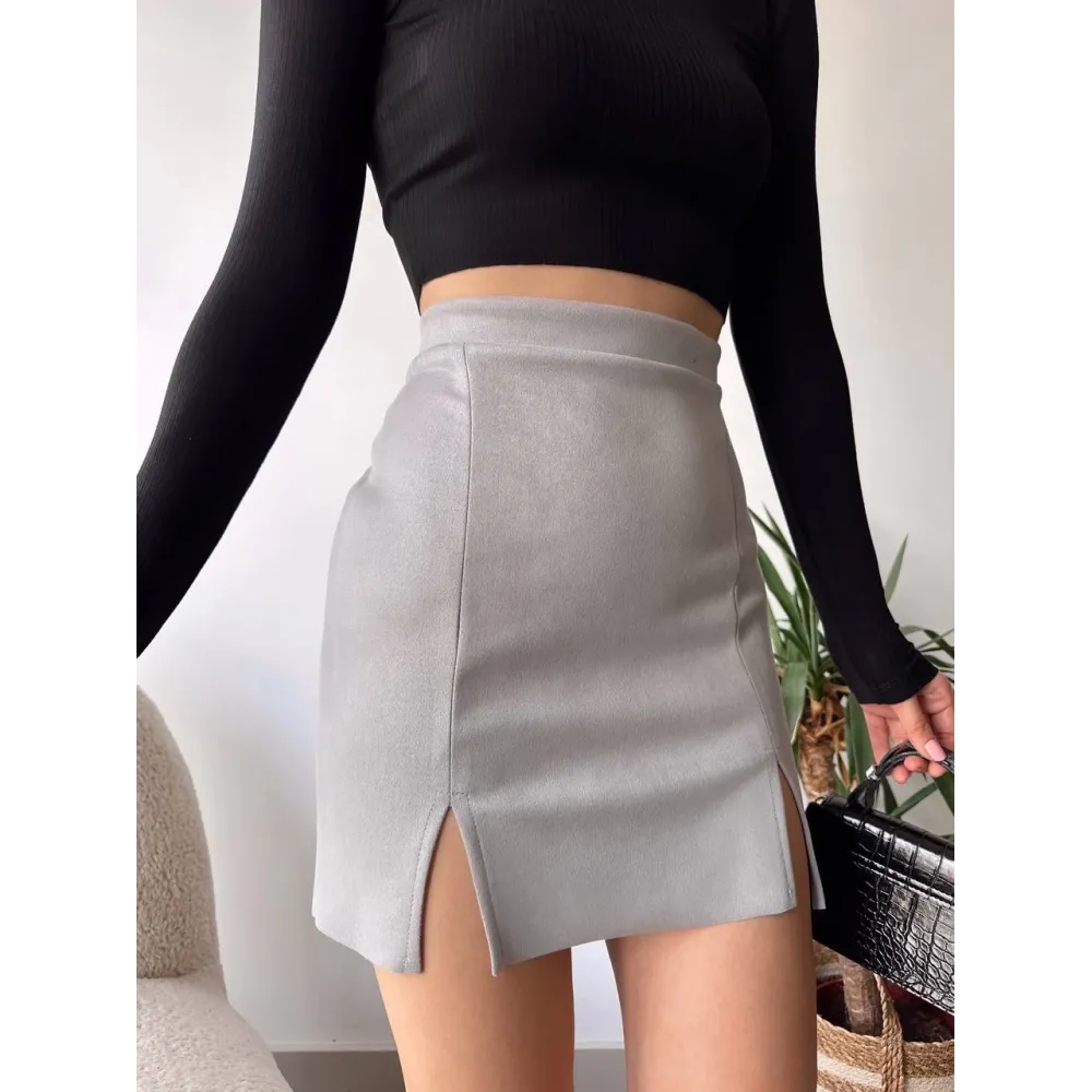 Çift Yurtmaçlı Süet Etek Gri S241002 (Beden: M)