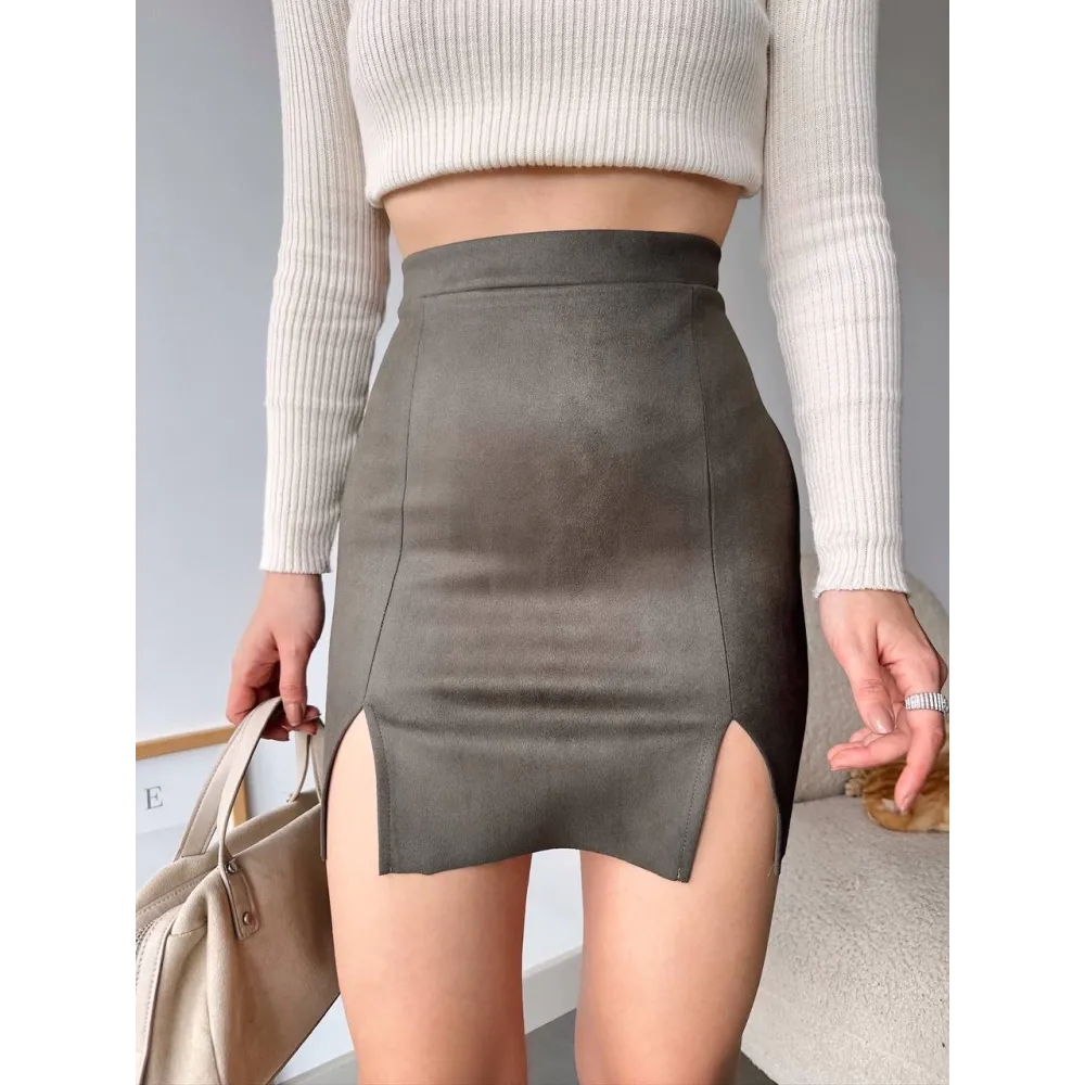 Çift Yurtmaçlı Süet Etek Haki S241002 (Beden: S)