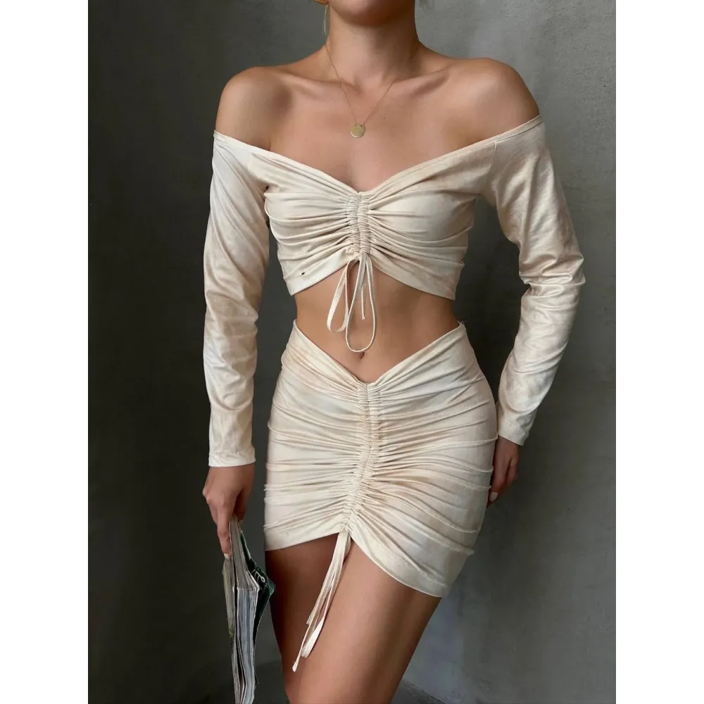 Büzgülü Etek Bluz Takım Bej S24709 (Beden: M)