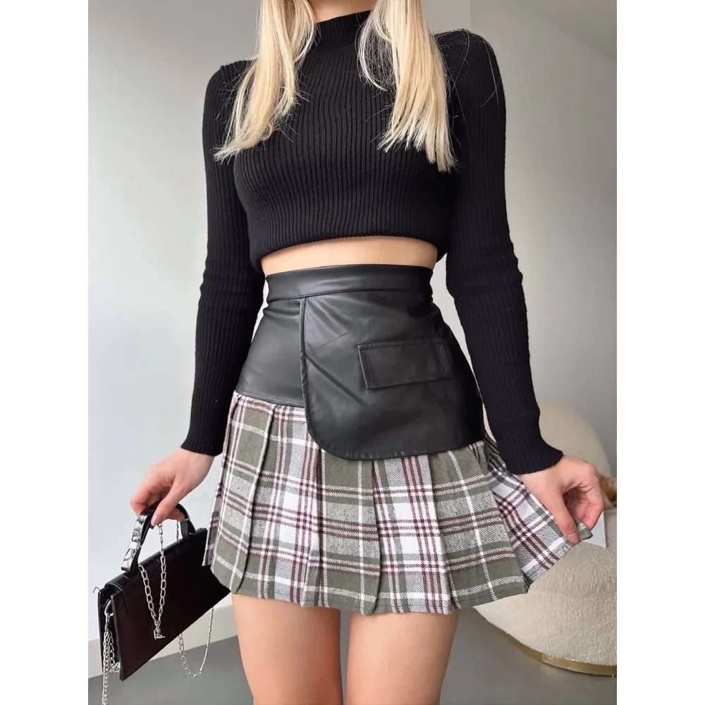 Deri Garnili Cepli Ekose Etek Siyah S24604 (Beden: M)