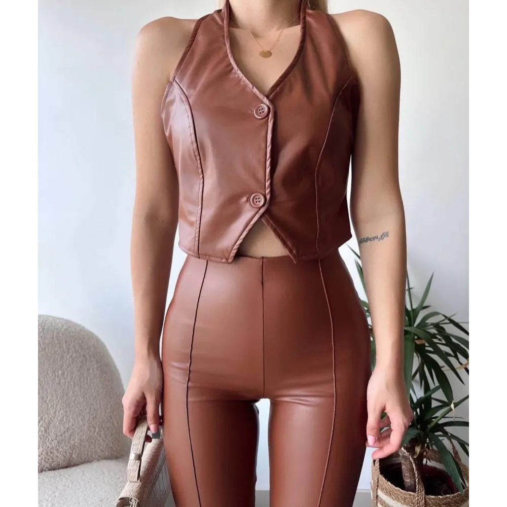 İki Düğmeli Deri Yelek Kahve S243001 (Beden: S)