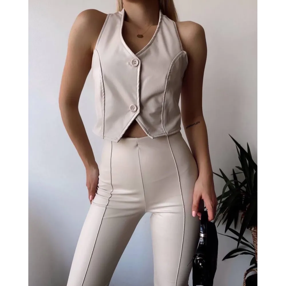 İki Düğmeli Deri Yelek Krem S243001 (Beden: L)