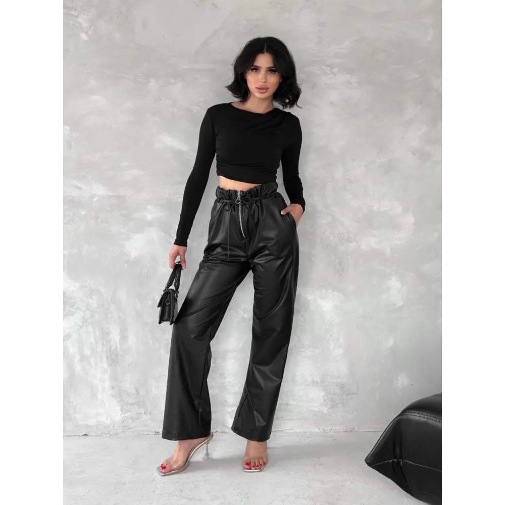 Kendinden İnce Kemerli Deri Pantolon Siyah T1178 (Beden: Xl)