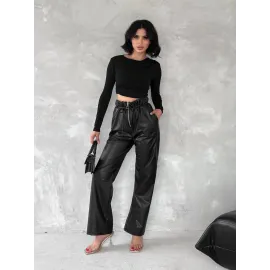 Kendinden İnce Kemerli Deri Pantolon Siyah T1178 (Beden: Xl)