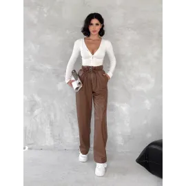 Kendinden İnce Kemerli Deri Pantolon Kahve T1178 (Beden: S)