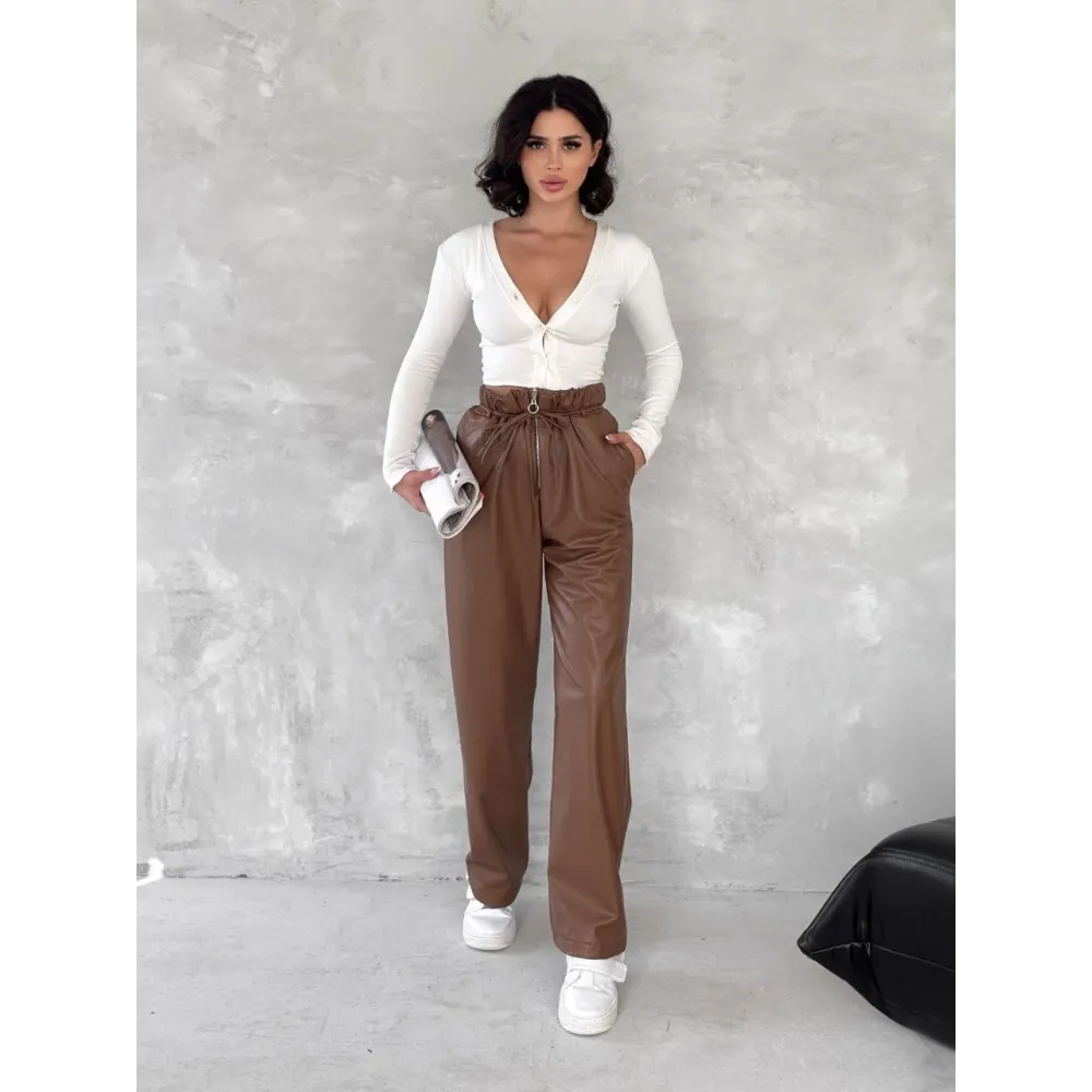 Kendinden İnce Kemerli Deri Pantolon Kahve T1178 (Beden: Xl)