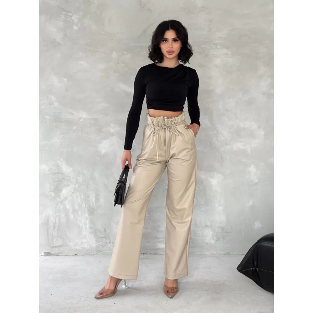 Kendinden İnce Kemerli Deri Pantolon Bej T1178 (Beden: Xl)